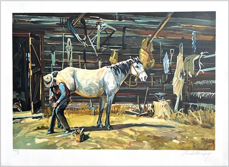 Conrad Schwiering 1 SHOE SHOP Signed Lithograph, Cowboy Farrier