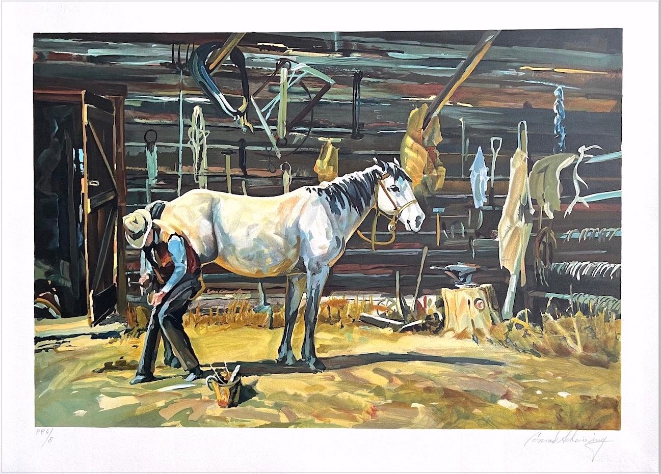 Conrad Schwiering Animal Print - SHOE SHOP Signed Lithograph, Cowboy Farrier, Horseshoe, White Horse, Western Art