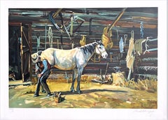 Vintage SHOE SHOP Signed Lithograph, Cowboy Farrier, Horseshoe, White Horse, Western Art