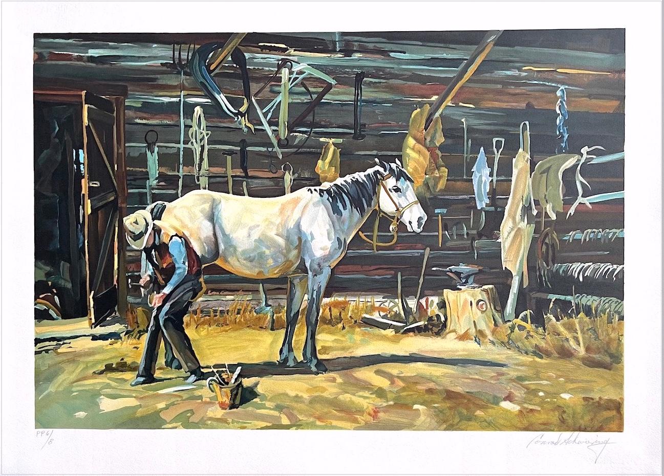 SHOE SHOP Litografía firmada, Herrador vaquero, Herradura, Caballo blanco, Arte del Oeste