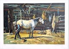 SHOE SHOP Signed Lithograph, Cowboy Farrier, Horseshoe, White Horse, Western Art