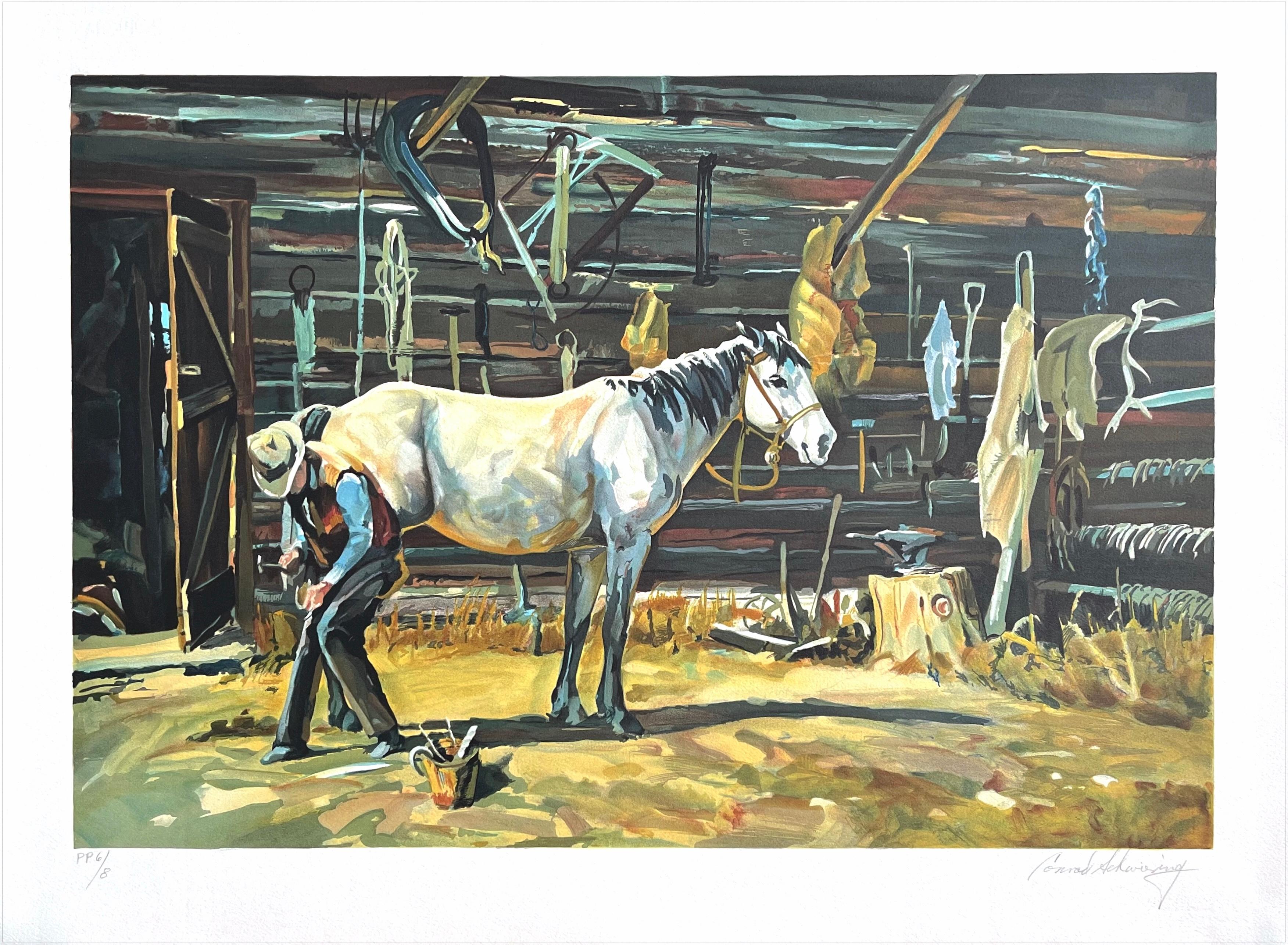 Portrait Print Conrad Schwiering - SHOE SHOP signé, cowboy Farrier, fer à cheval, cheval blanc, art occidental
