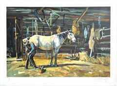 SHOE SHOP signé, cowboy Farrier, fer à cheval, cheval blanc, art occidental
