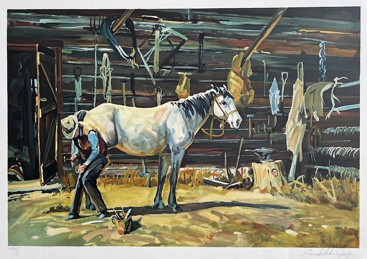Conrad Schwiering Portrait Print - SHOE SHOP Signed Lithograph, Cowboy Farrier, Horseshoe, White Horse, Western Art