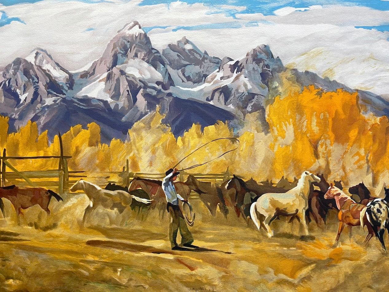 Lithographie signée « SINGLIN », chevaux de vachette américains jouant aux chevaux, Rocky Mountains - Print de Conrad Schwiering