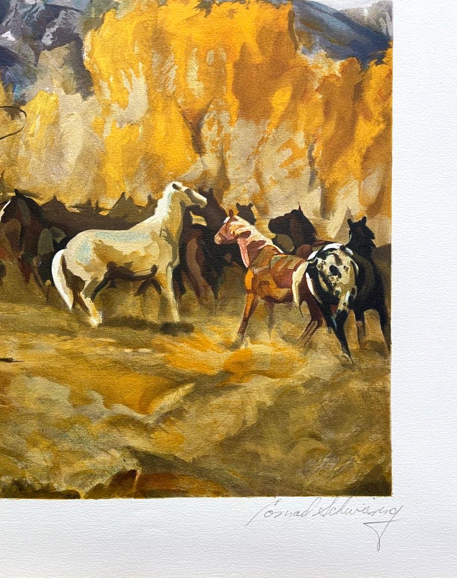 Lithographie signée « SINGLIN », chevaux de vachette américains jouant aux chevaux, Rocky Mountains - Marron Animal Print par Conrad Schwiering