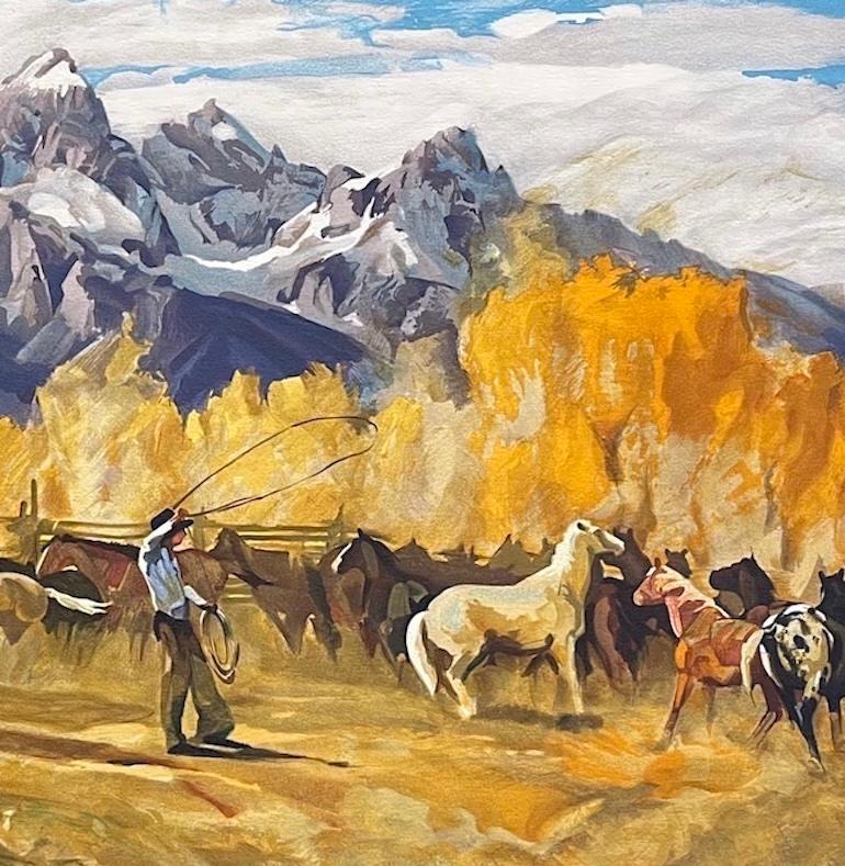SINGLIN' OUT Litografía firmada, Paisaje de las Montañas Rocosas, Vaquero, Caballos - Print realista estadounidense de Conrad Schwiering
