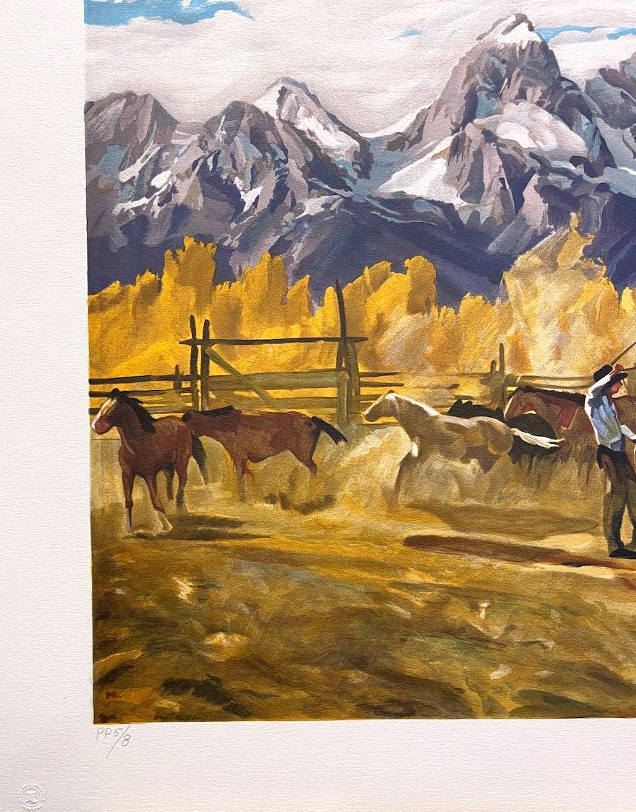 SINGLIN' OUT Litografía firmada, Paisaje de las Montañas Rocosas, Vaquero, Caballos - Landscape Print Beige de Conrad Schwiering