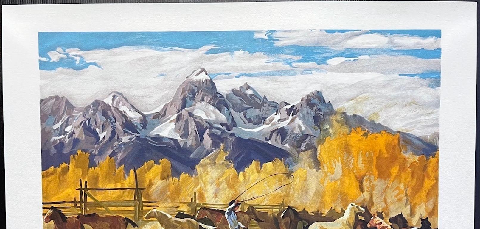 SINGLIN' OUT Litografía firmada, Paisaje de las Montañas Rocosas, Vaquero, Caballos en venta 1