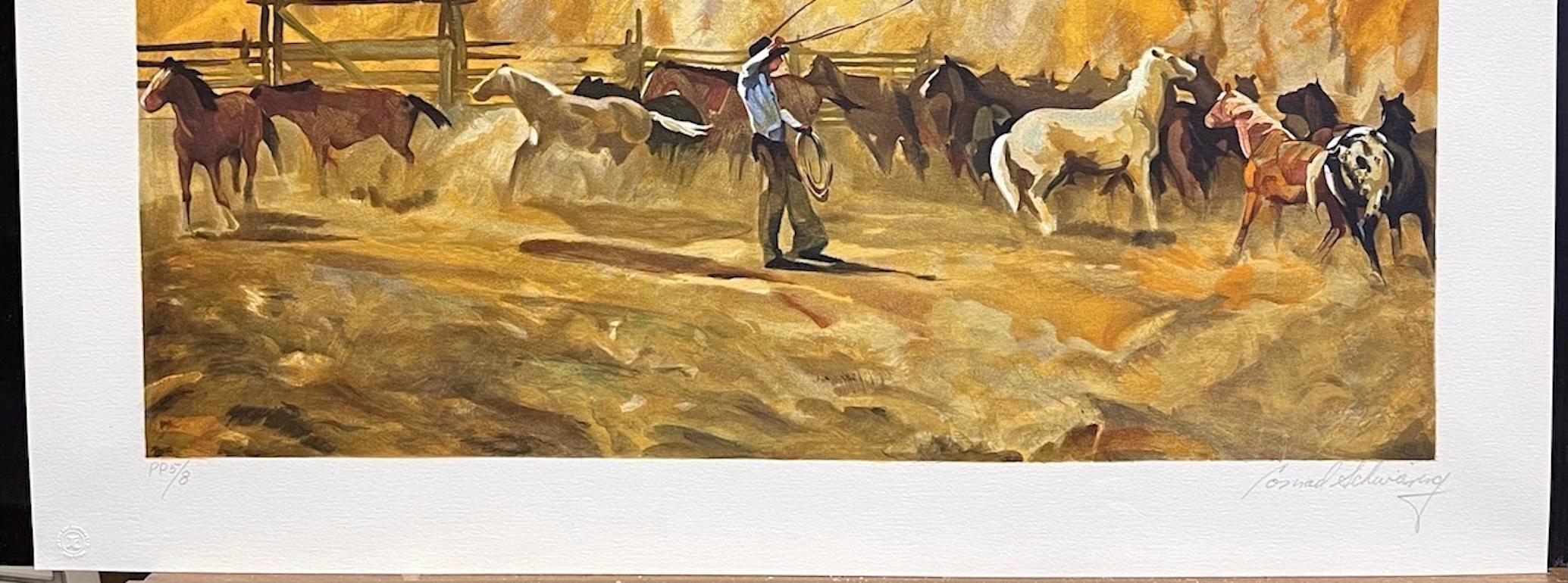 SINGLIN' OUT Litografía firmada, Paisaje de las Montañas Rocosas, Vaquero, Caballos en venta 2