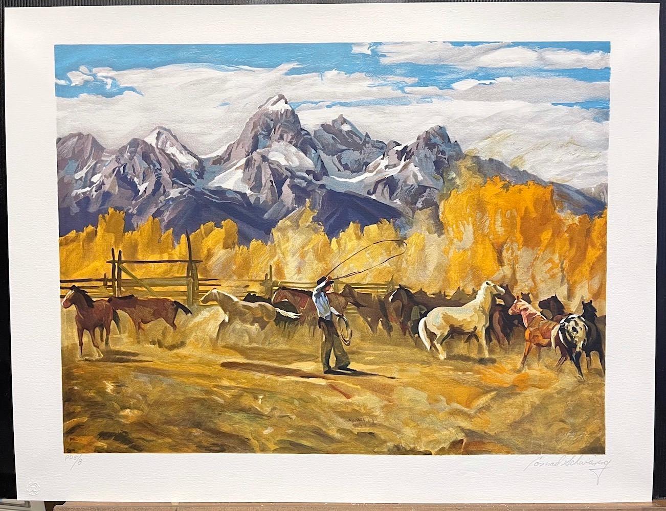 SINGLIN' OUT Litografía firmada, Paisaje de las Montañas Rocosas, Vaquero, Caballos en venta 3