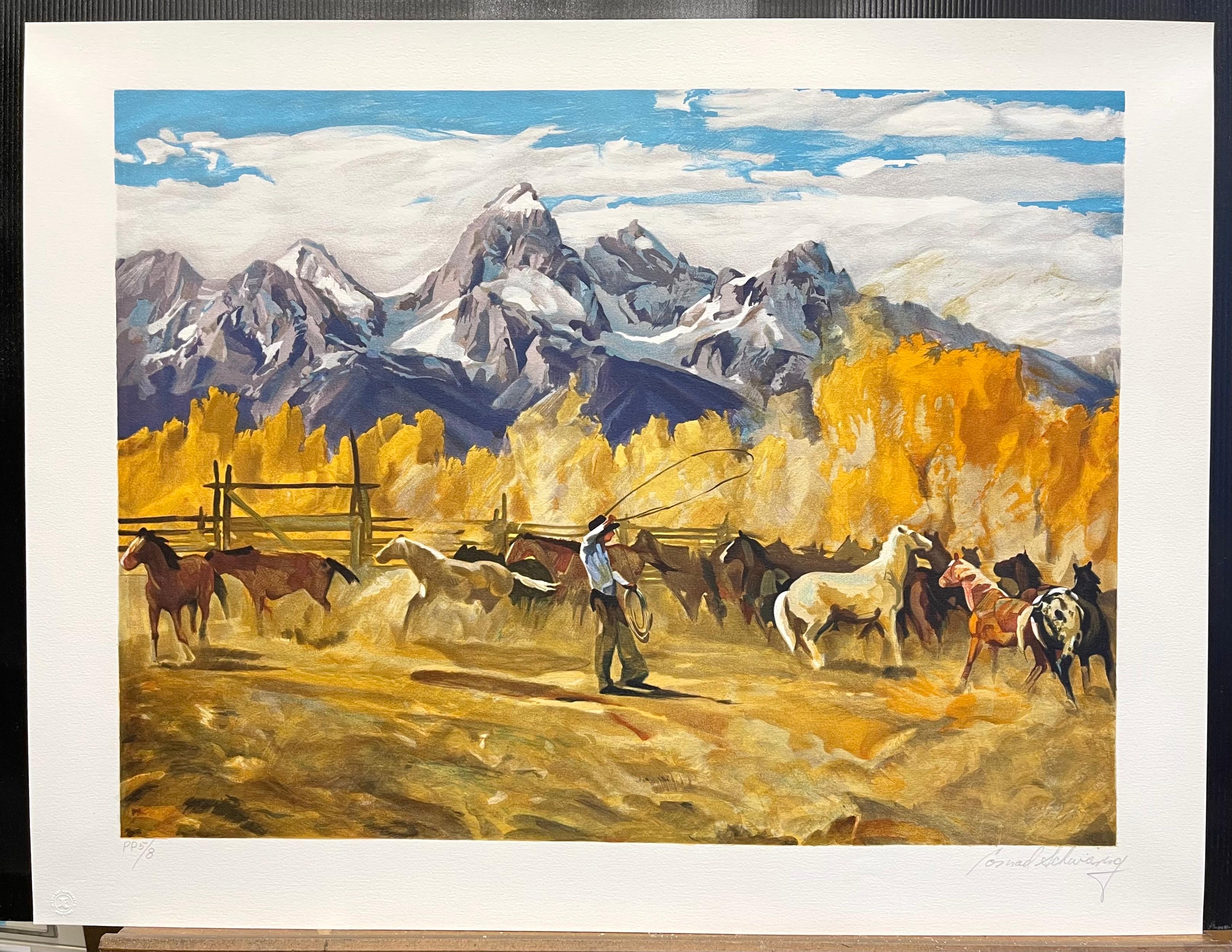 SINGLIN' OUT Signed Lithograph, Rocky Mountain Landscape, Cowboy, Horses For Sale 3