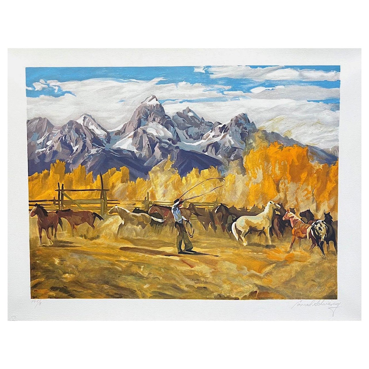 SINGLIN' OUT Litografía firmada, Paisaje de las Montañas Rocosas, Vaquero, Caballos