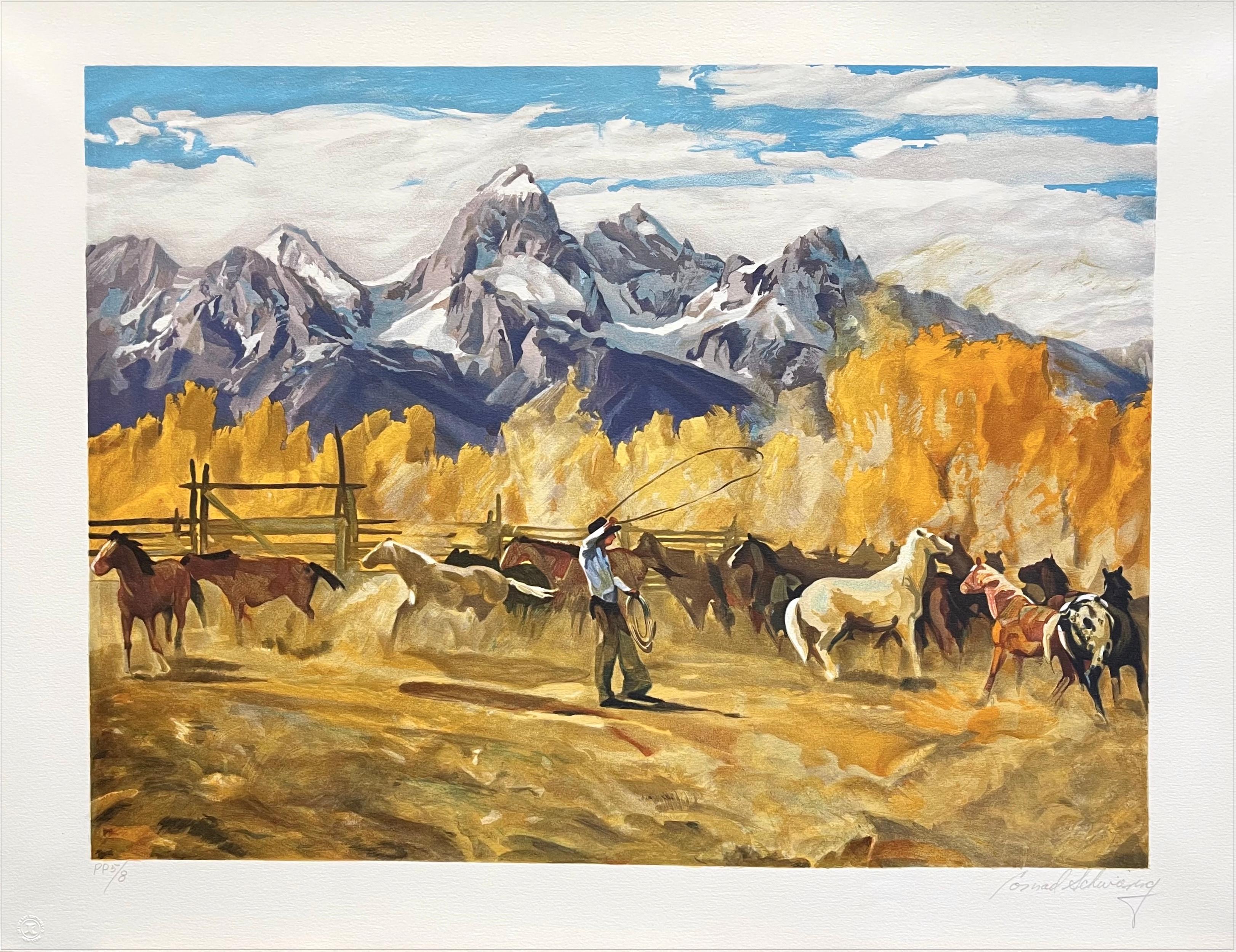 Lithographie signéeSINGLIN' OUT, paysage des Rocheuses, cow-boys et chevaux