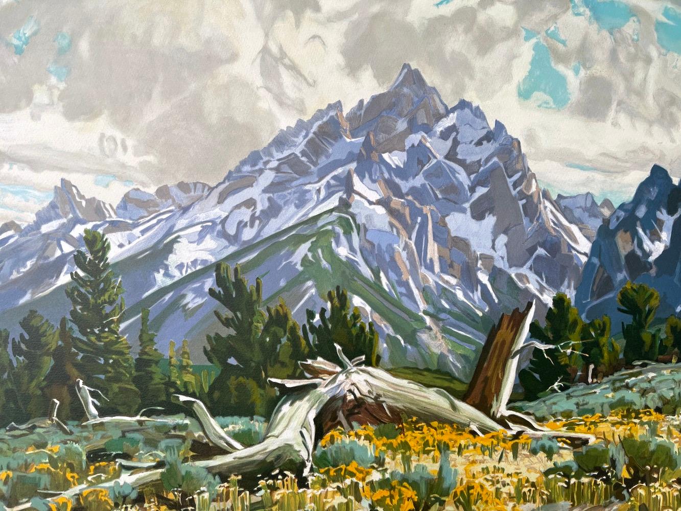 TAPIZ DE PRIMAVERA Litografía dibujada a mano Paisaje montañoso de Grand Tetons Wyoming - Print de Conrad Schwiering