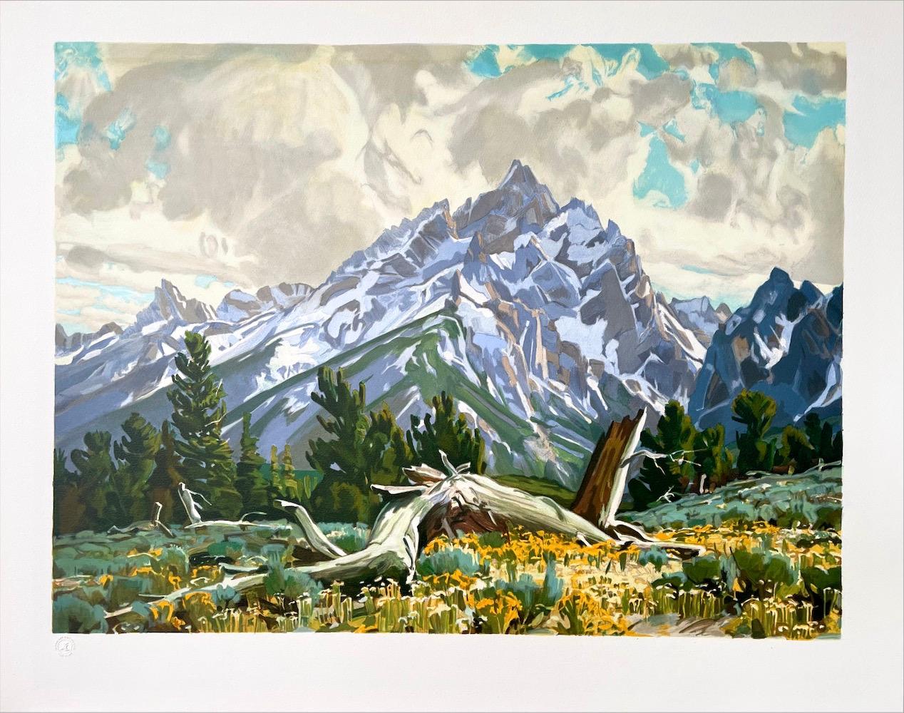 Print de Conrad Schwiering - TAPIZ DE PRIMAVERA Litografía dibujada a mano Paisaje montañoso de Grand Tetons Wyoming