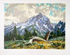 TAPESTRY OF SPRING Litografia disegnata a mano Grand Tetons Wyoming Paesaggio montano
