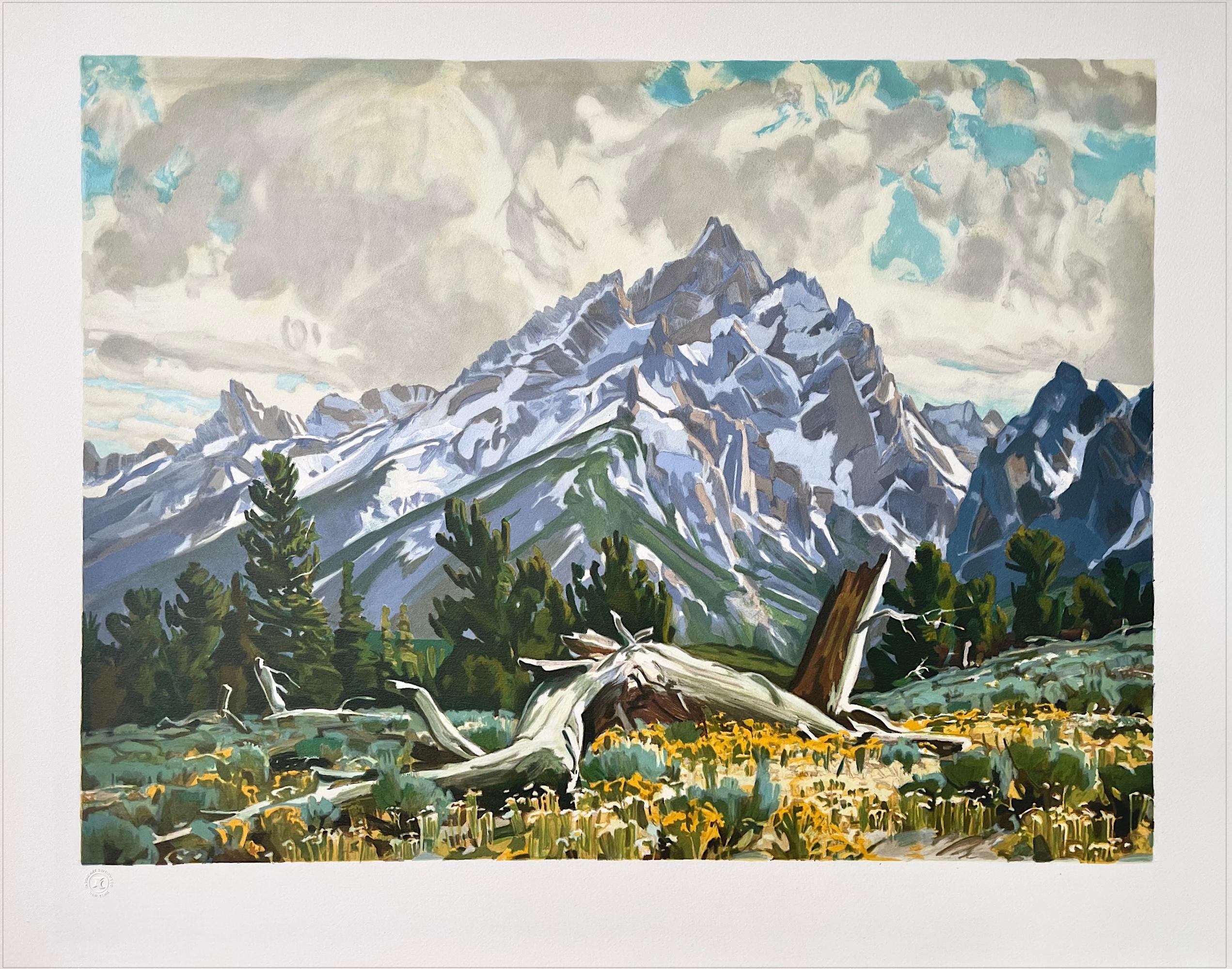 Print Conrad Schwiering - TAPEStry OF SPRING, lithographie dessinée à la main Grand Tetons, paysage de montagnes du Wyoming