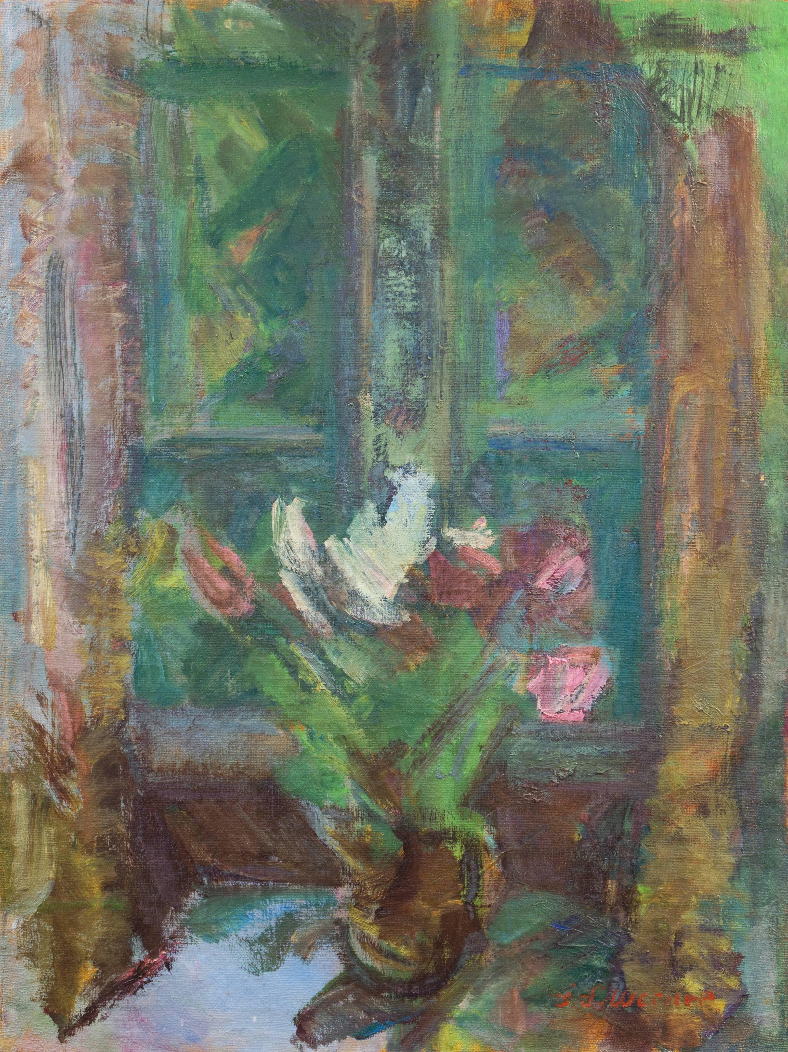 Conrad Stonor Werner Still-Life Painting - 'Tulips by a Window', Large Post-Impressionist oil painting, Paris Salon Artist