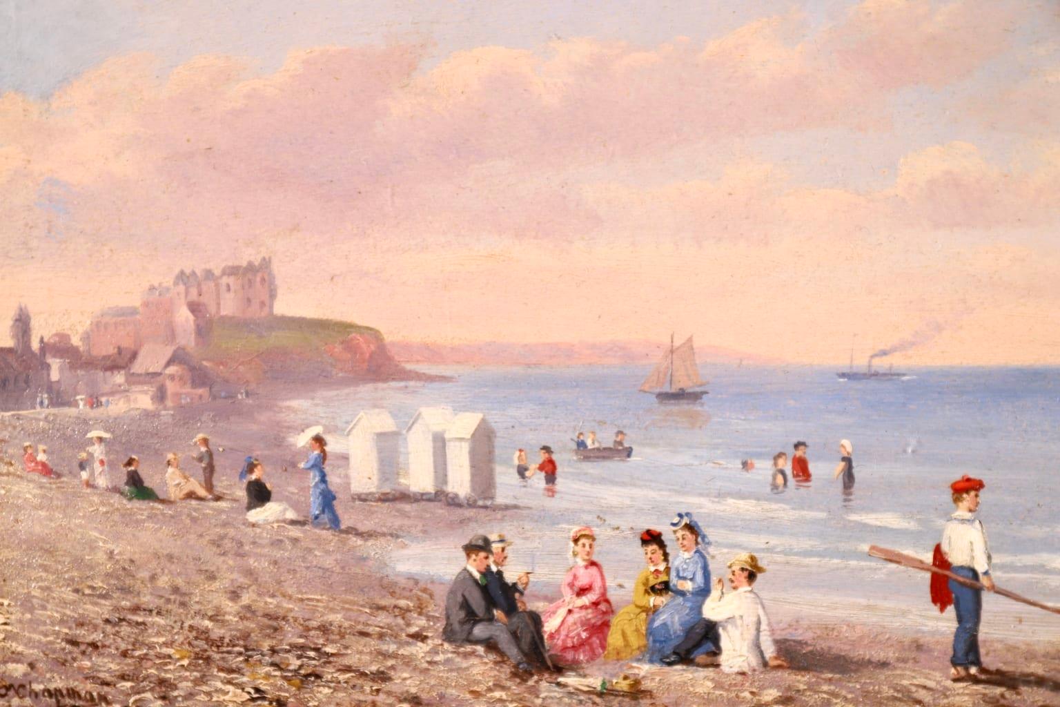 An exceptional oil on panel by American Impressionist painter Conrad Wise Chapman depicting elegant figures enjoying a day at the beach at Dieppe, France with boats and a castle in the distance. The painting is wonderfully detailed.