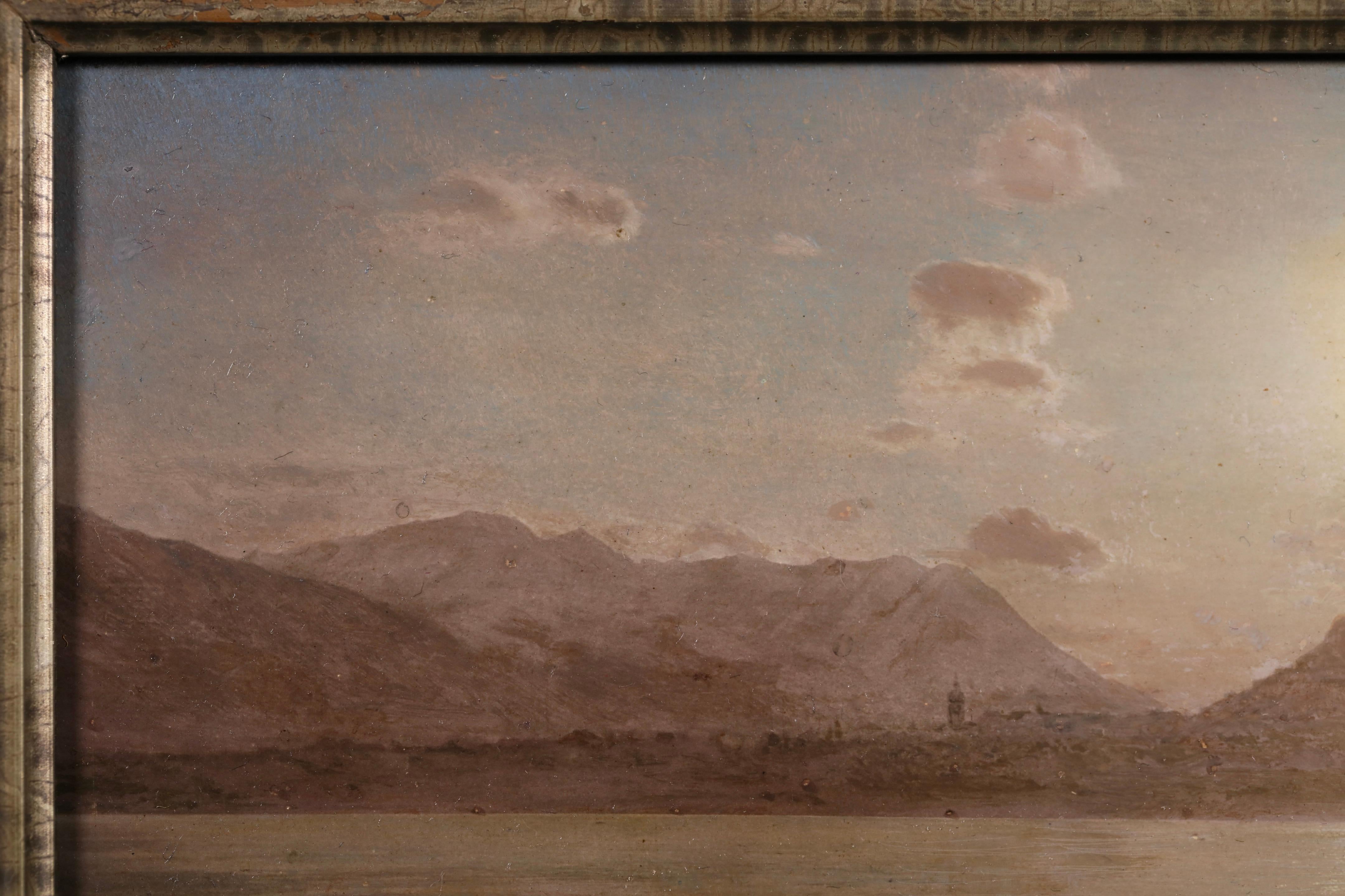 Signiert, gewidmet und datiert Öl auf Panel Landschaft von amerikanischen Impressionist Maler Conrad Wise Chapman. Das Werk zeigt eine Seeseite mit Blick auf die Sonne, die über den Bergen im Tal von Mexiko aufgeht.

Unterschrift:
Verso signiert,