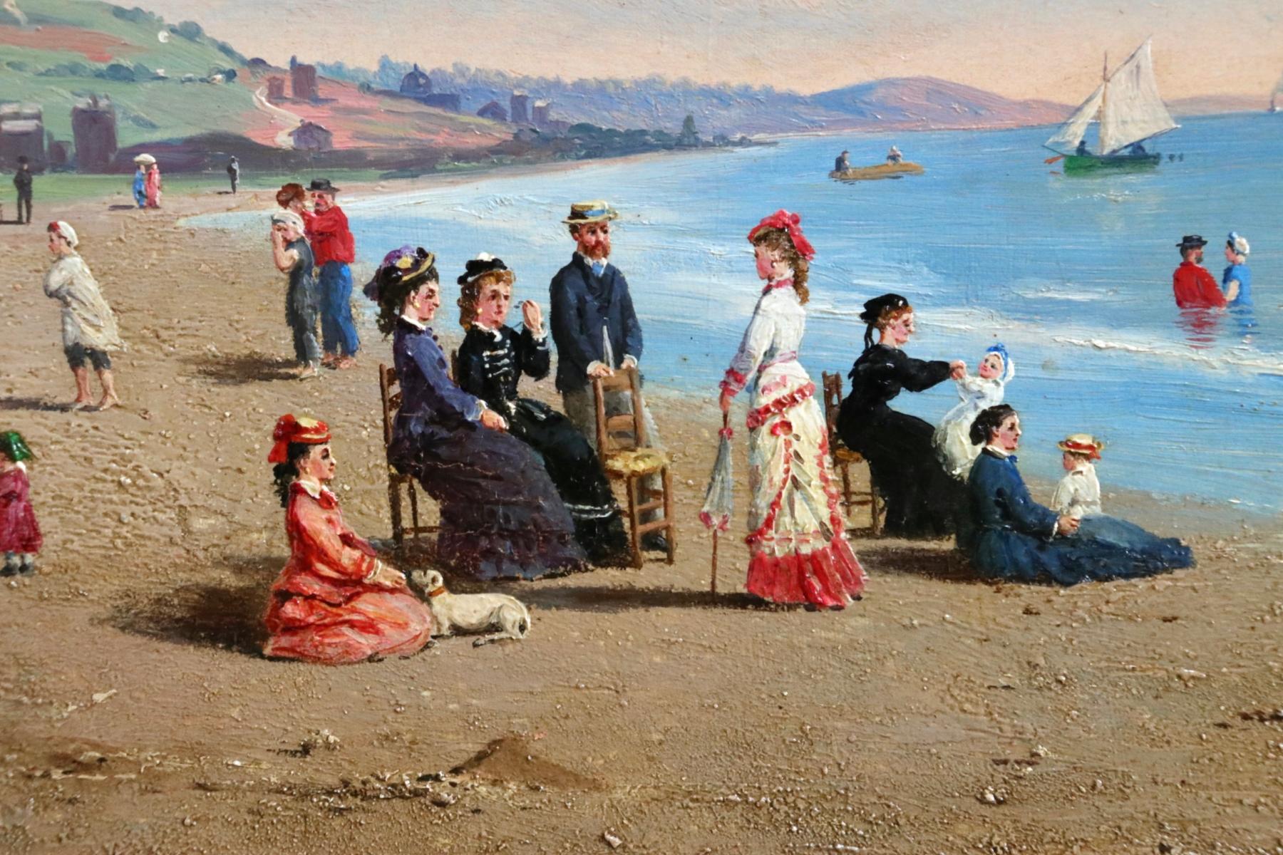 Ein außergewöhnliches Öl auf Holz des amerikanischen Malers Conrad Wise Chapman:: das elegante Figuren darstellt:: die einen Tag am Strand von Trouville-sur-Mer genießen. Das Gemälde ist wunderbar detailliert. Unten links signiert und datiert 1890.