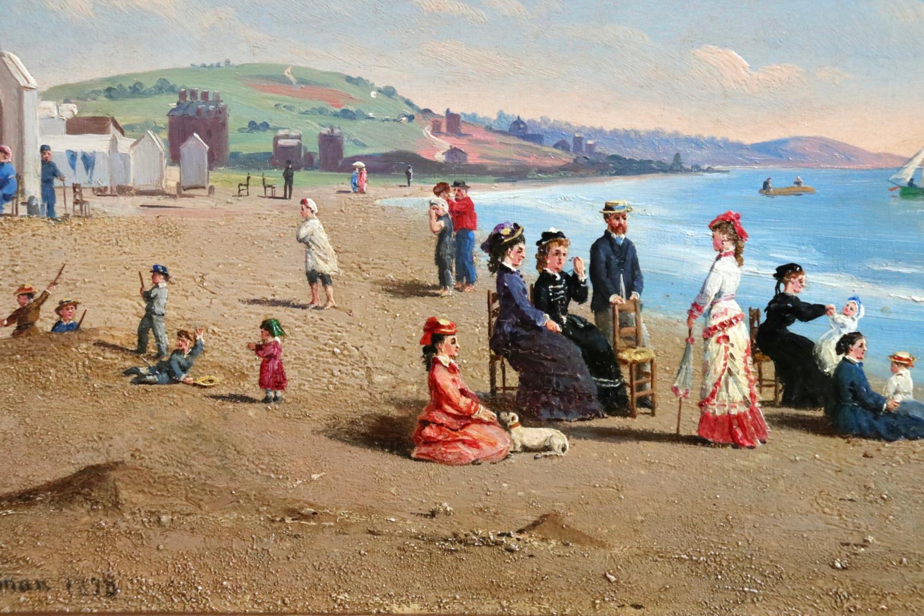 Trouville-sur-Mer - 19th Century Oil, Figures on Beach Landscape by C W Chapman - Gray Figurative Painting by Conrad Wise Chapman