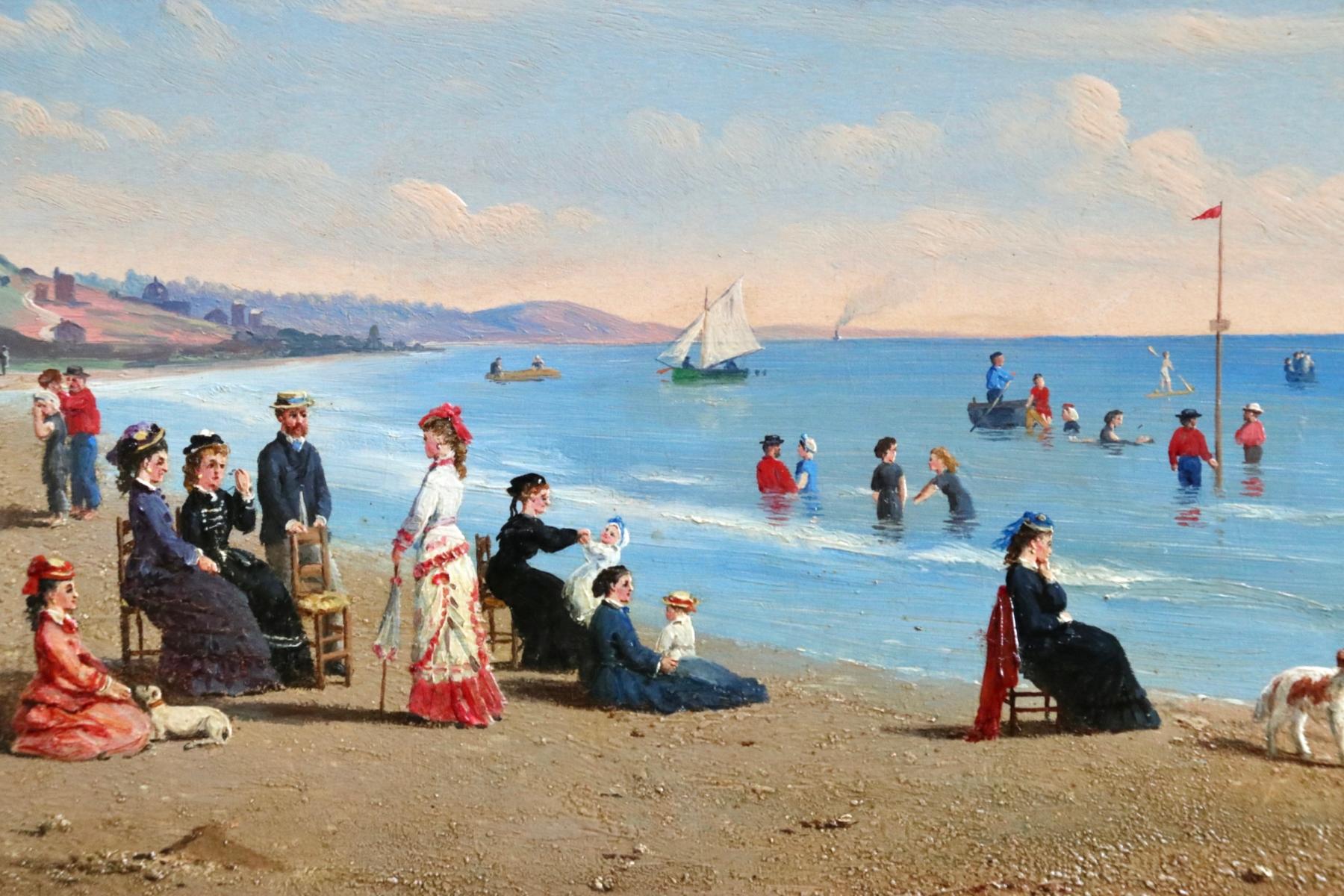 An exceptional oil on panel by American painter Conrad Wise Chapman depicting elegant figures enjoying a day at the beach at Trouville-sur-Mer. The painting is wonderfully detailed. Signed and dated 1890 lower left. Framed dimensions are 16 inches