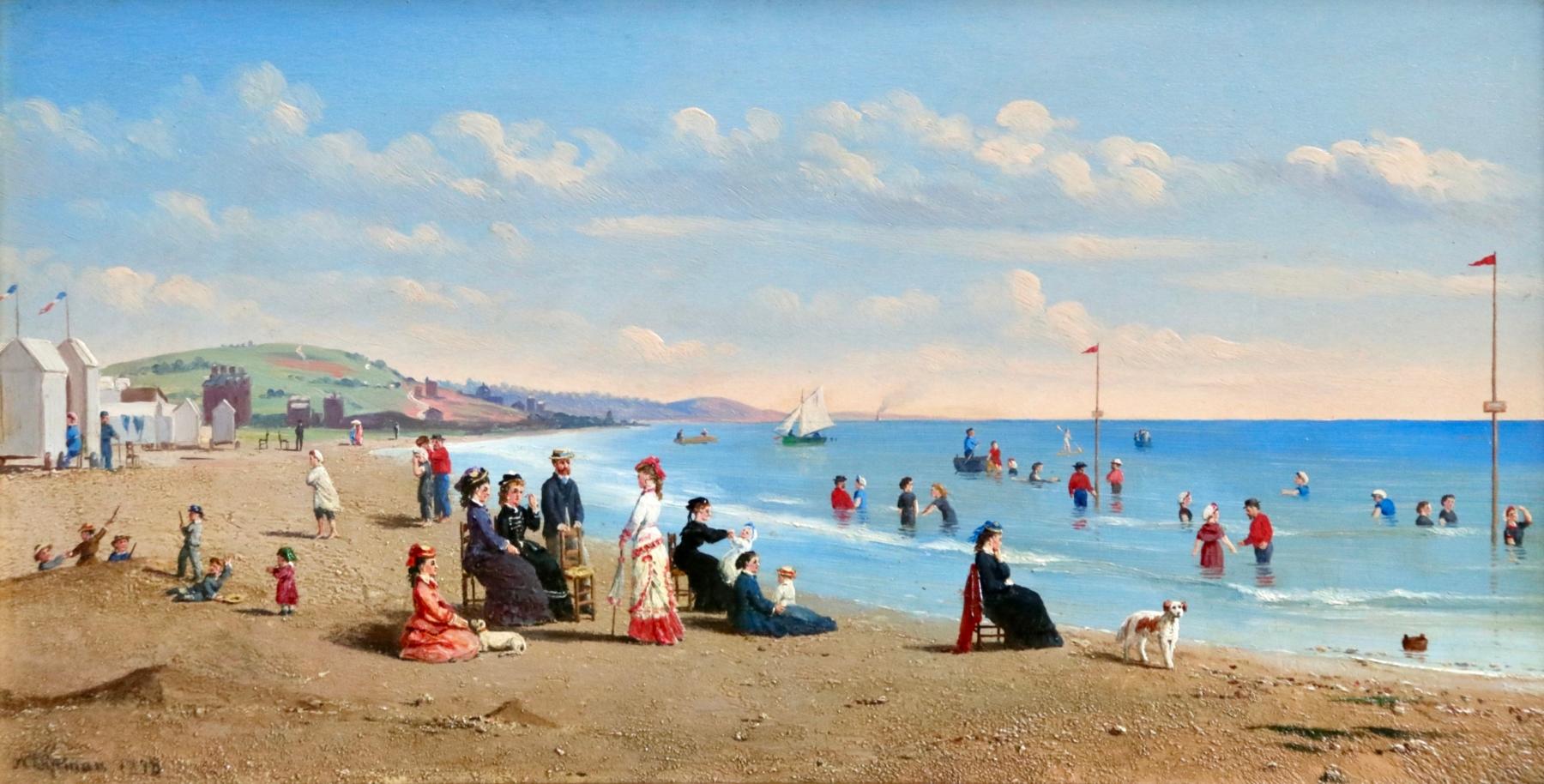 Conrad Wise Chapman Figurative Painting – Trouville-sur-Mer - Öl aus dem 19. Jahrhundert:: Figuren auf einer Strandlandschaft von CW Chapman