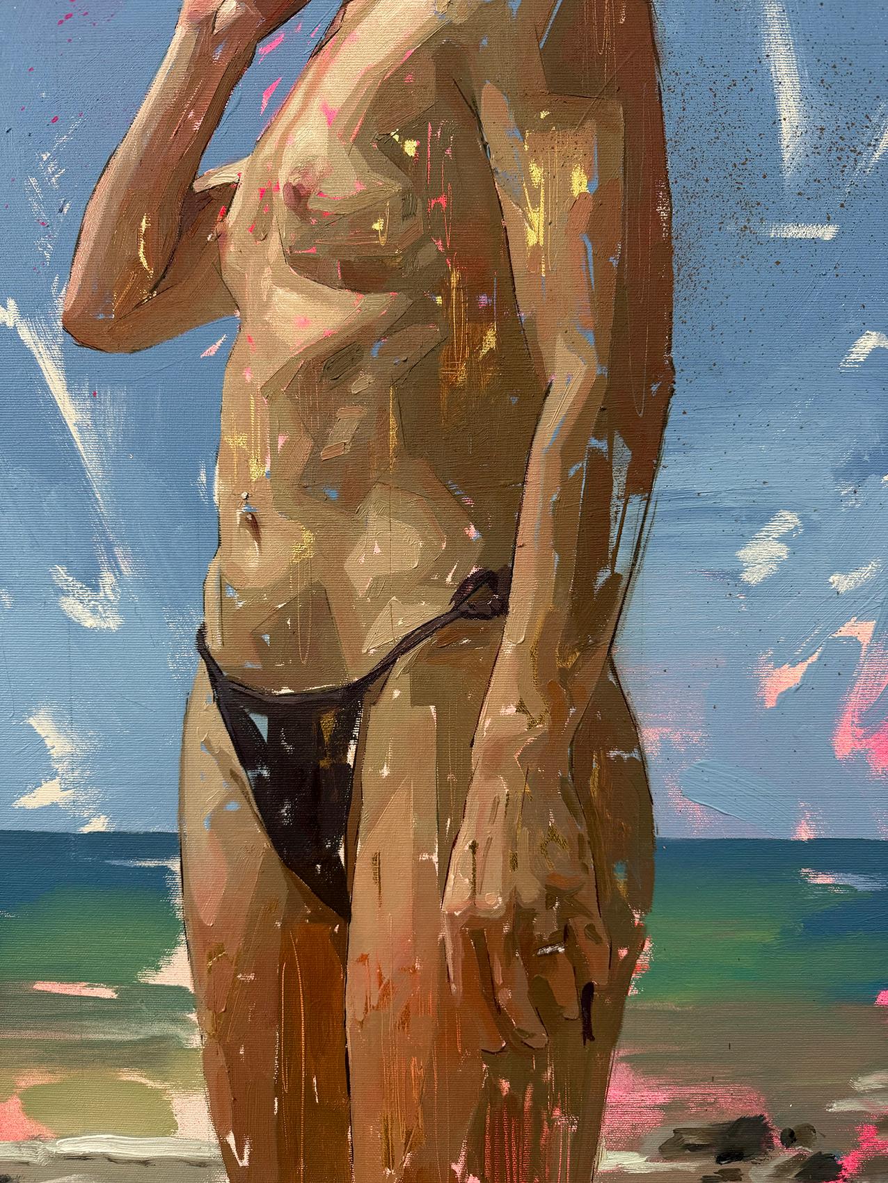 Conrado Lopez Bolonia IV - Pintura figurativa de playa en acrílico, pan de oro y óleo - Painting de Conrado López