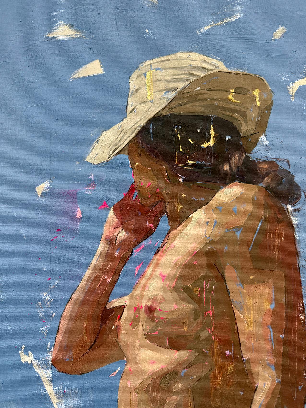 Conrado Lopez Bolonia IV - Pintura figurativa de playa en acrílico, pan de oro y óleo - Painting Realista de Conrado López