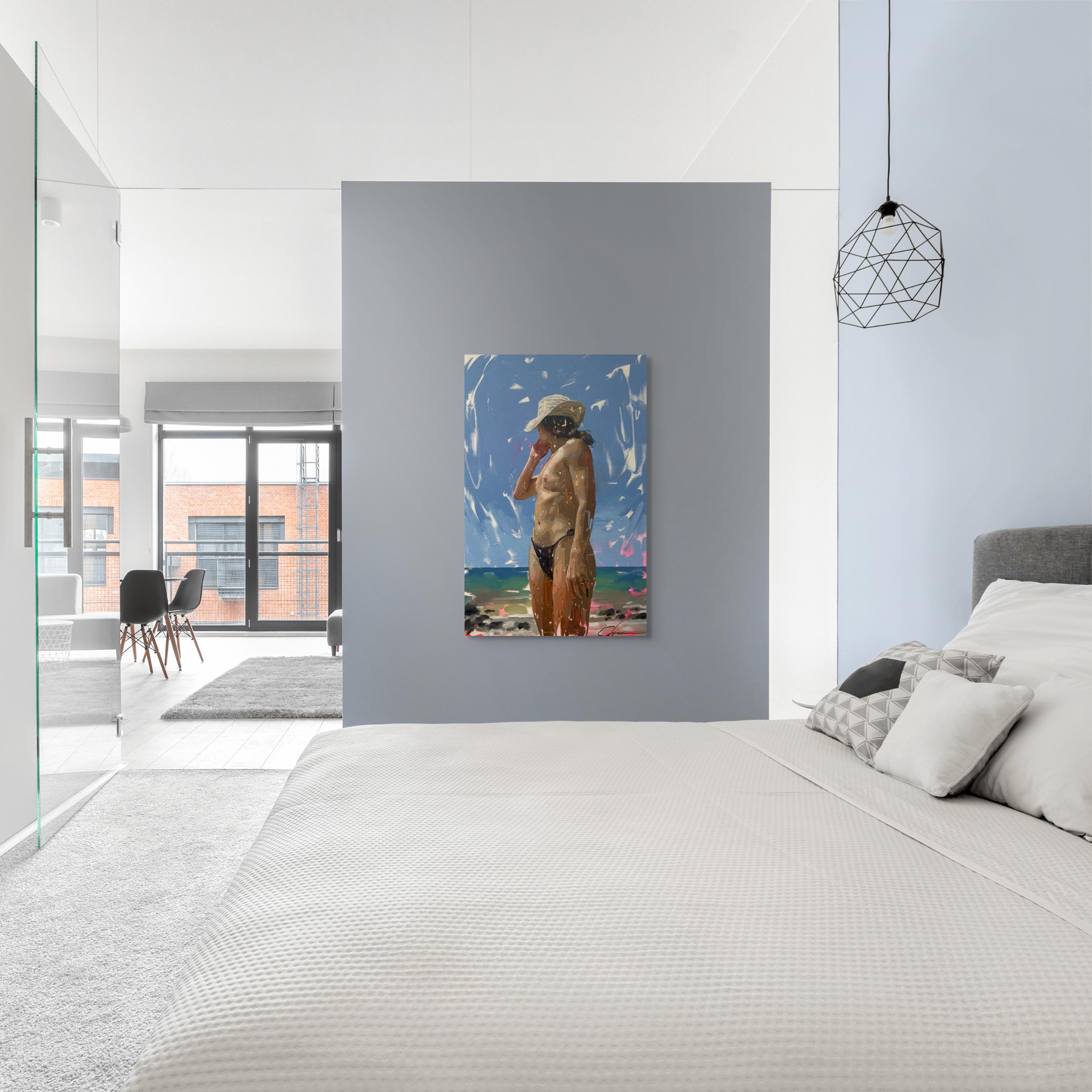 Conrado Lopez Bolonia IV - Pintura figurativa de playa en acrílico, pan de oro y óleo en venta 1
