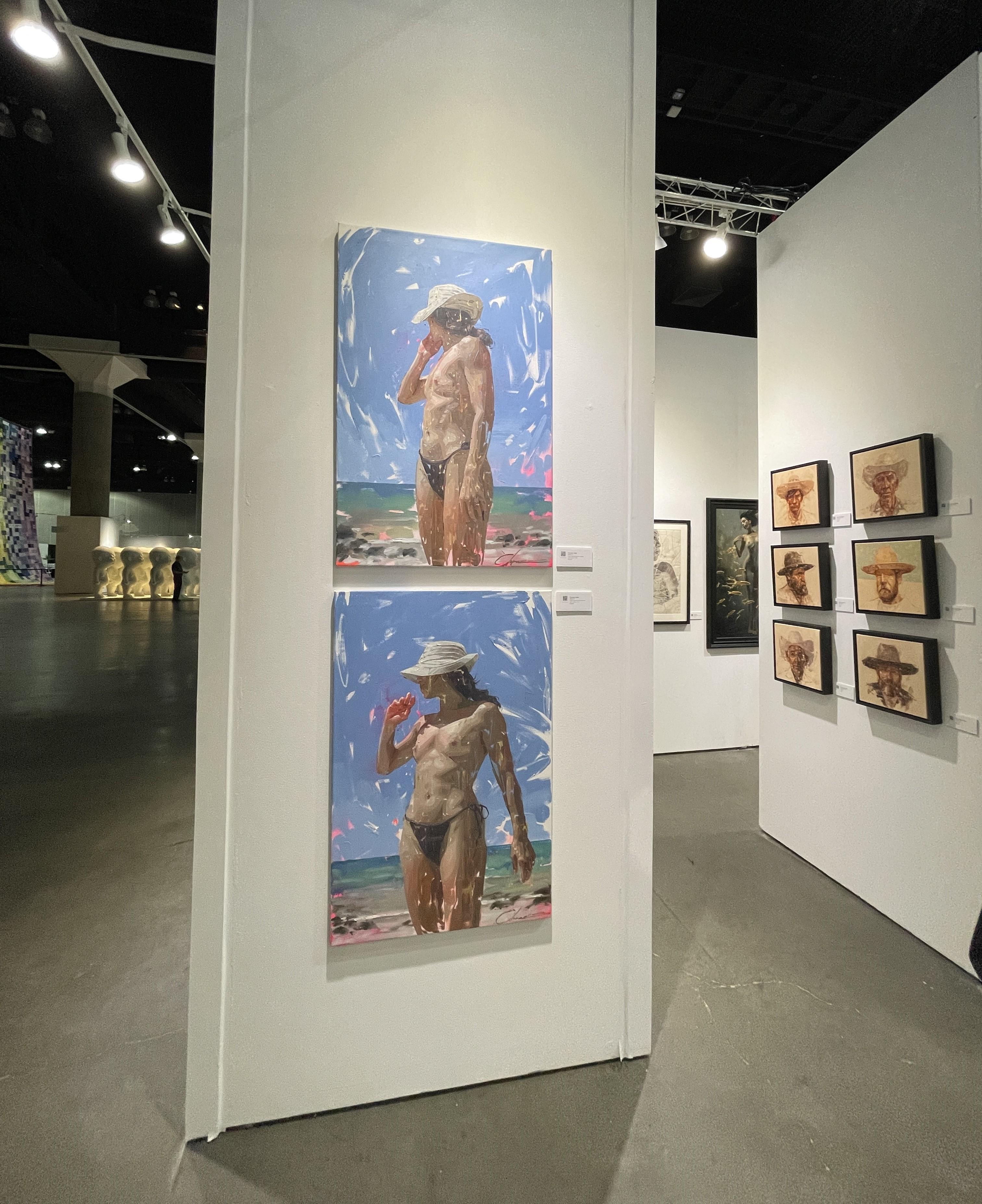 Conrado Lopez Bolonia IV - Pintura figurativa de playa en acrílico, pan de oro y óleo en venta 3
