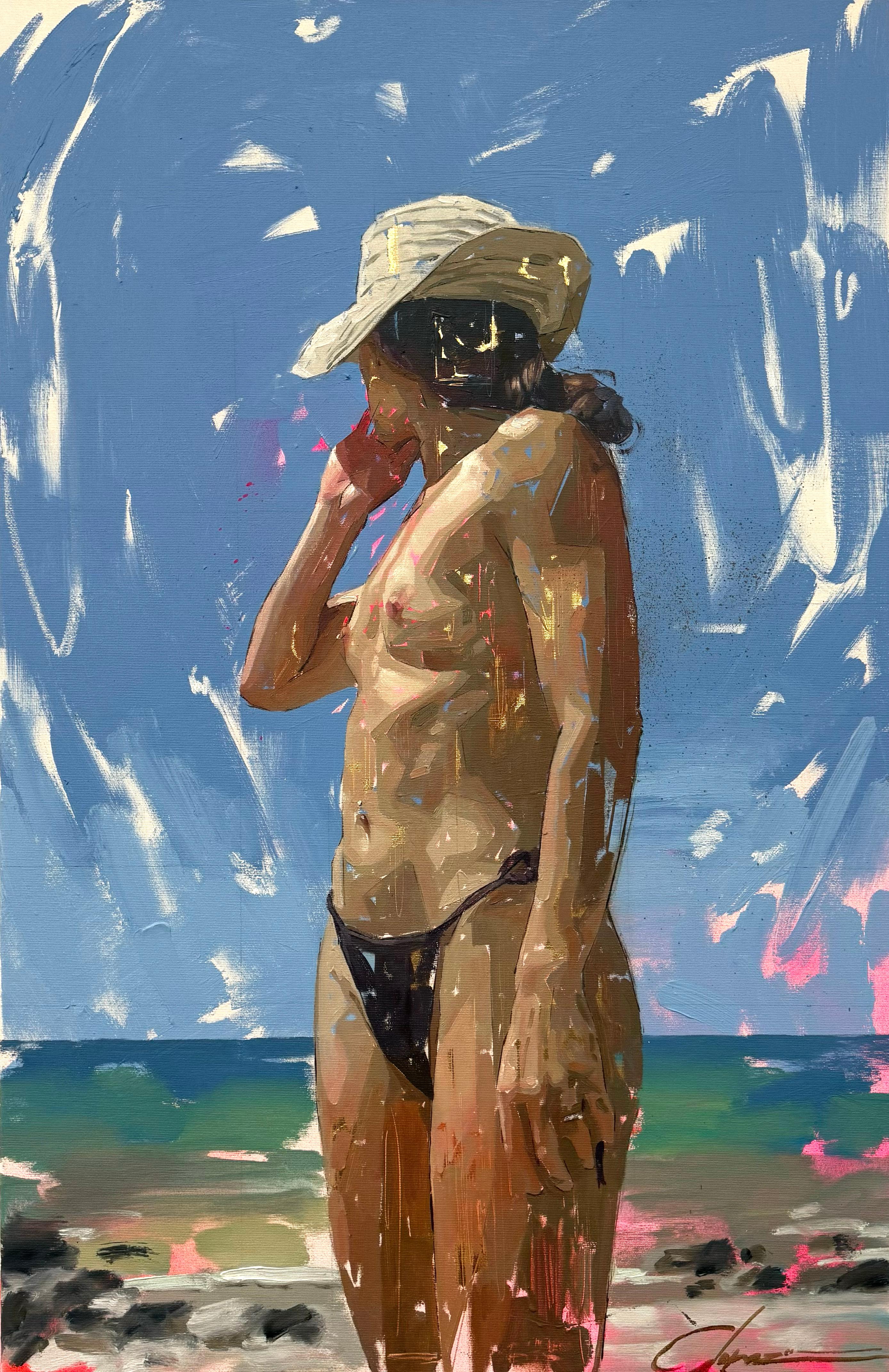 Conrado Lopez Bolonia IV - Pintura figurativa de playa en acrílico, pan de oro y óleo