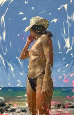 Conrado Lopez Bolonia IV - Pintura figurativa de playa en acrílico, pan de oro y óleo