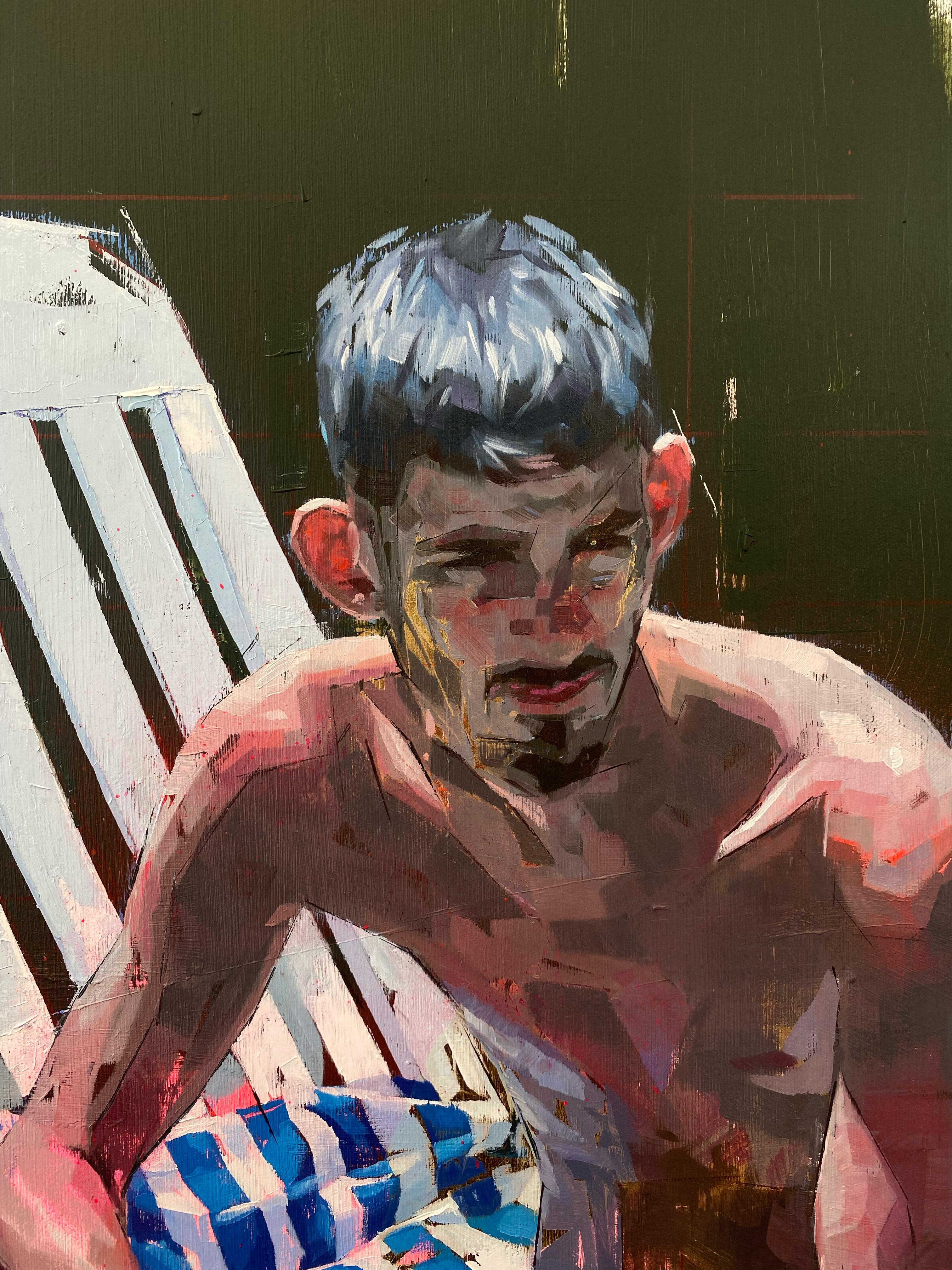 „Sergio im Pool“ Original Öl- und Acrylgemälde – Painting von Conrado López