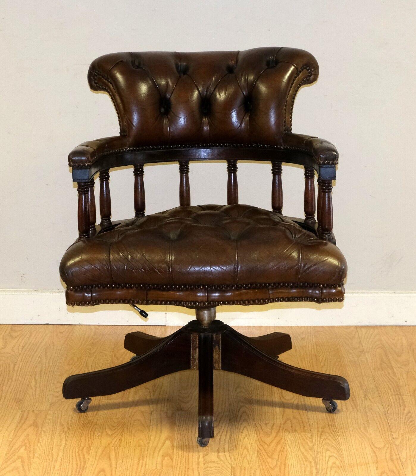 We are delighted to offer for sale this gorgeous fully restored oak frame chesterfield cigar brown leather captain armchair.

This piece combines style and attractiveness, which would add glamour to your office or any room. This piece has been