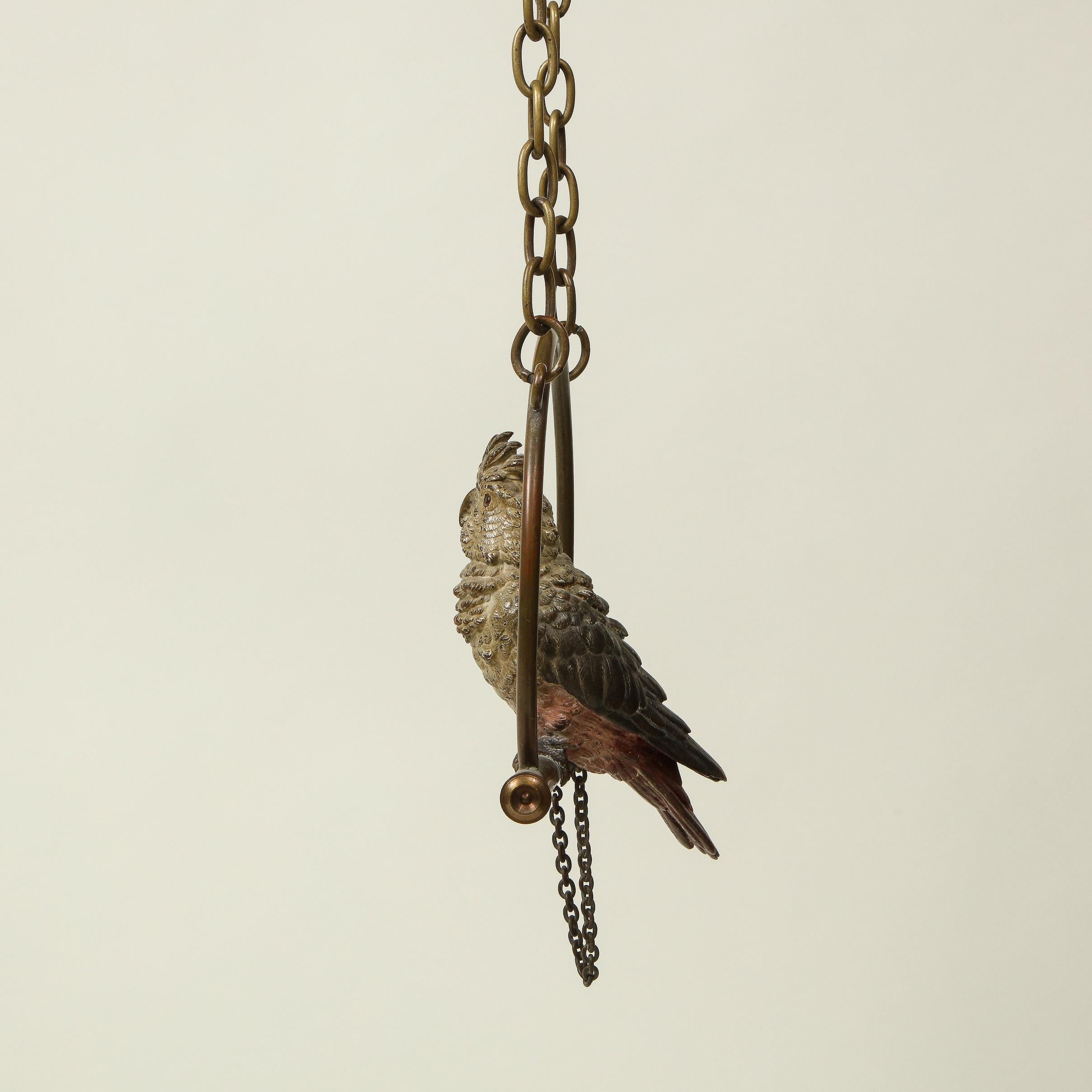 19th Century Conservatory Polychrome Cold-Painted Metal Cockatoo on Hanging Perch For Sale