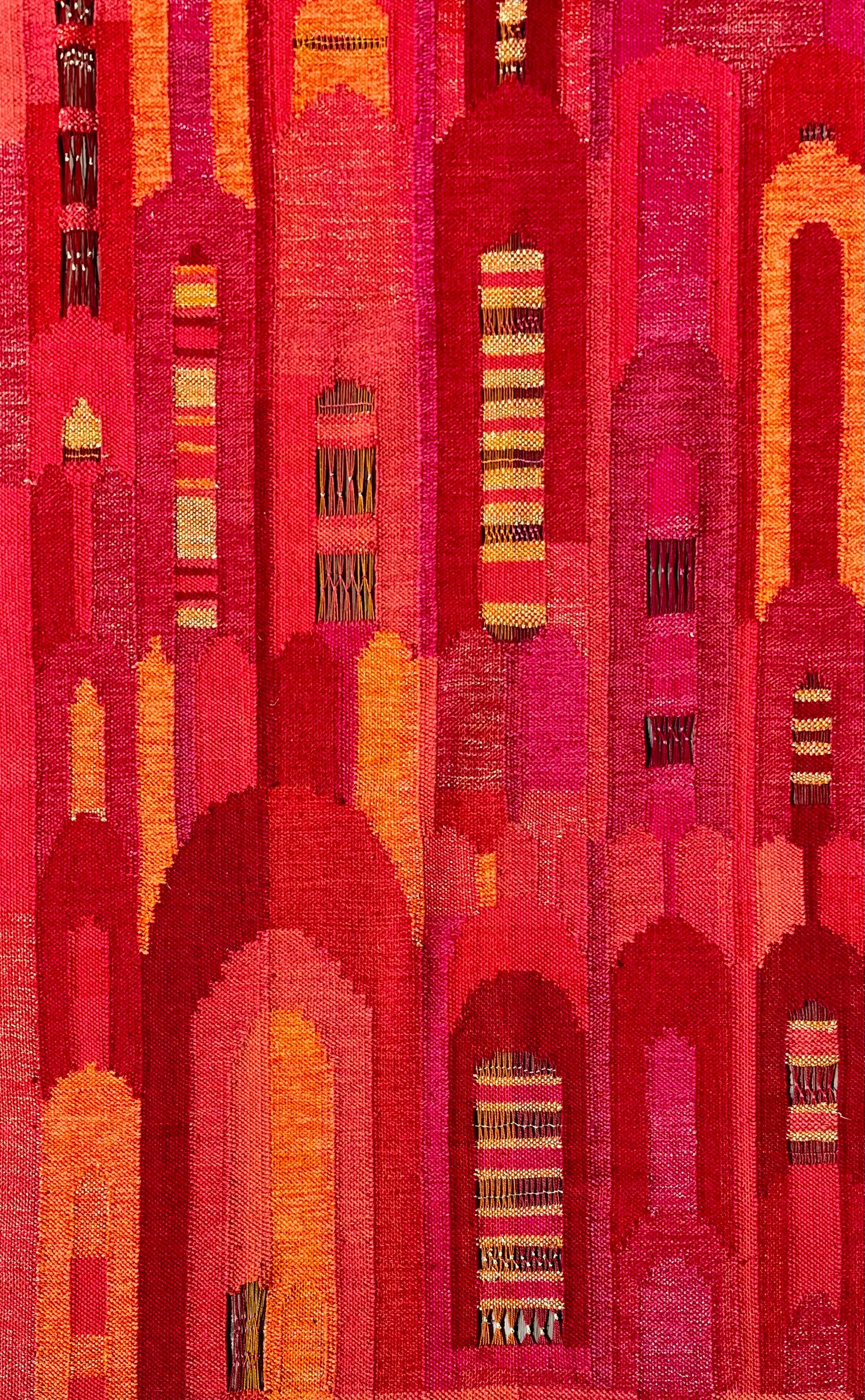 Hand-Woven Considerable Large Handwoven Swedish Red Color Range Tapestry by Irma Kronlund For Sale
