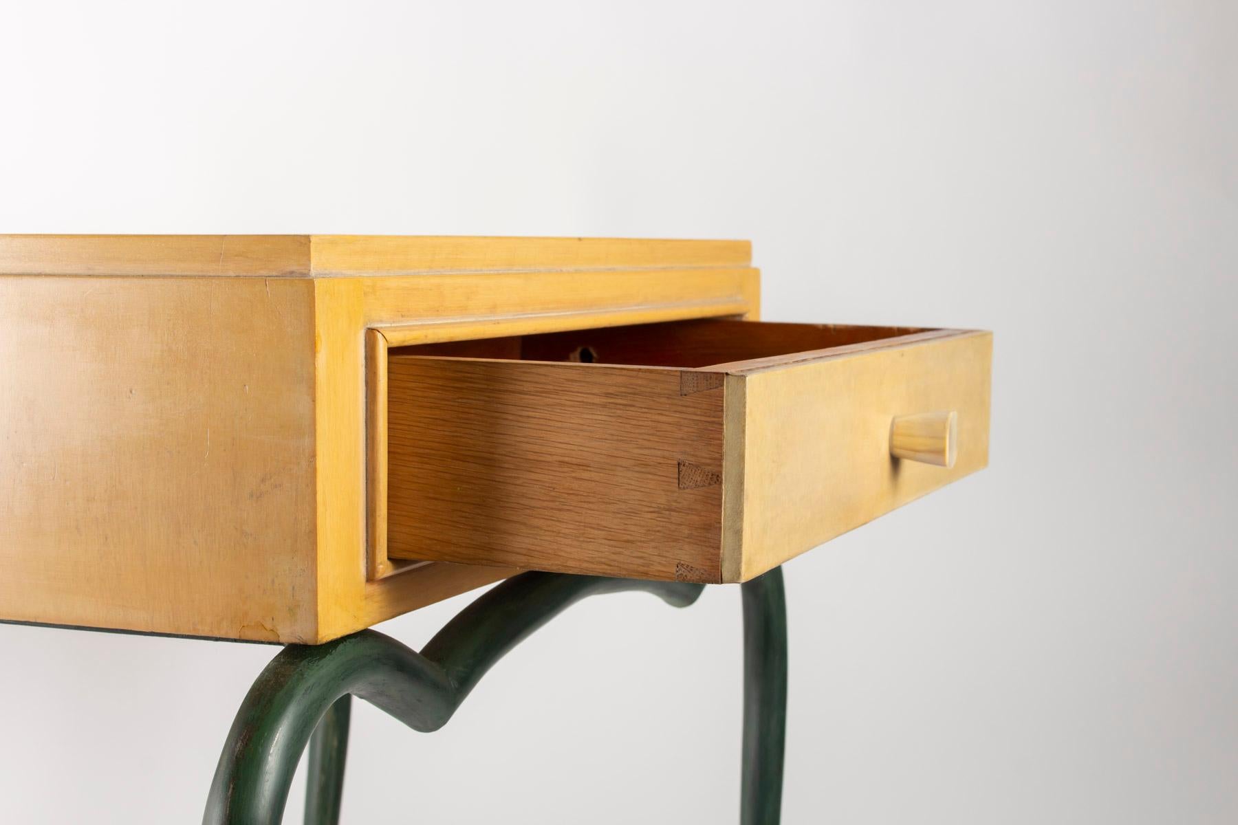 Mid-Century Modern Console 1940 René Prou in Sycamore and Patinated Wrought Iron, Parchment Drawer
