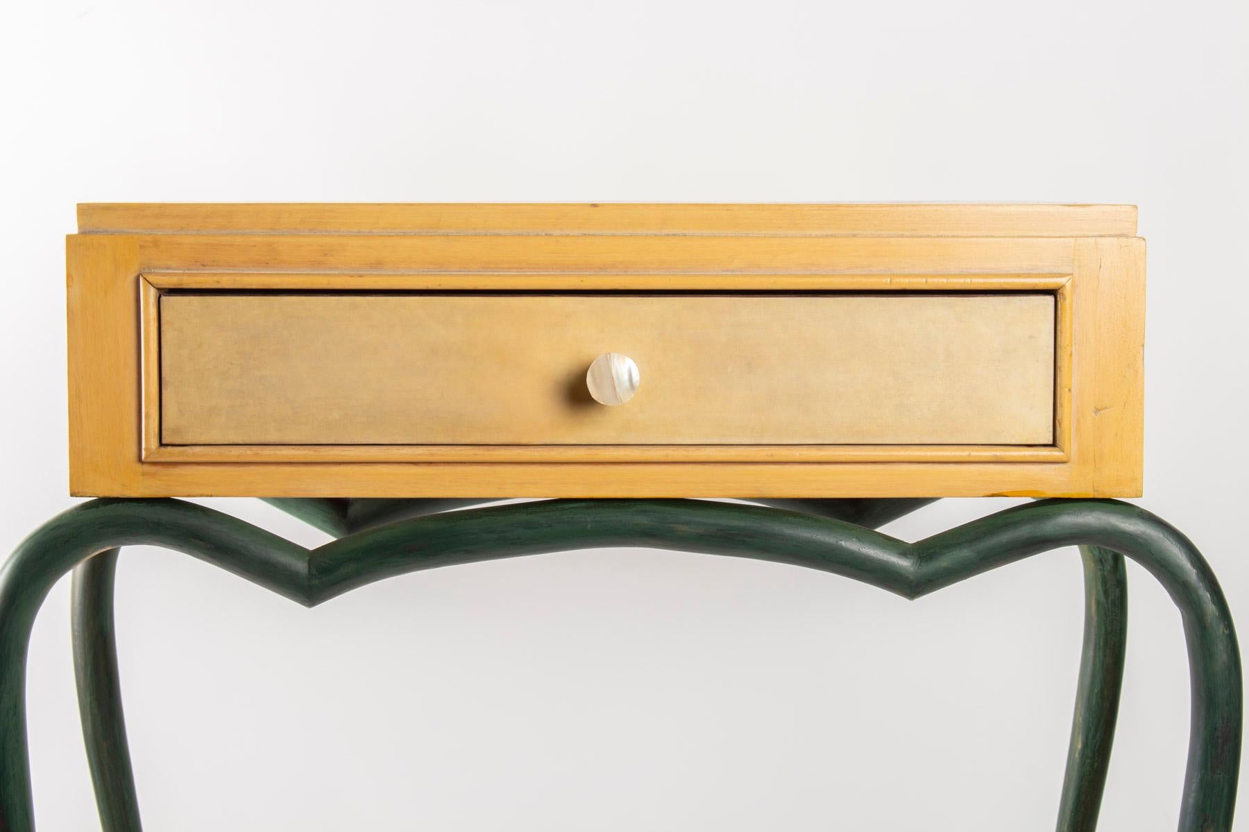 French Console 1940 René Prou in Sycamore and Patinated Wrought Iron, Parchment Drawer