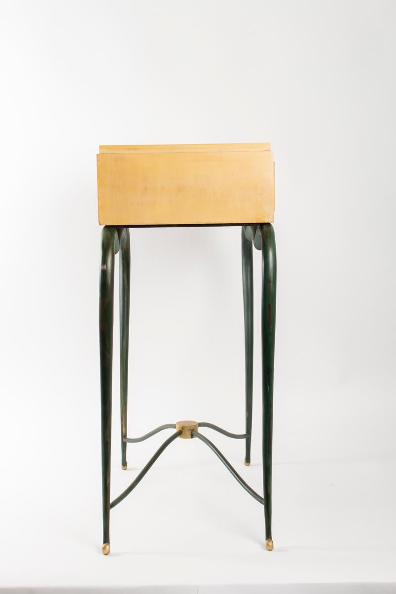 Mid-20th Century Console 1940 René Prou in Sycamore and Patinated Wrought Iron, Parchment Drawer