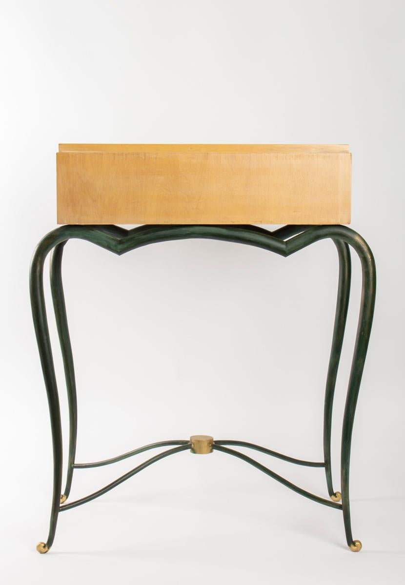 Console 1940 René Prou in Sycamore and Patinated Wrought Iron, Parchment Drawer 1