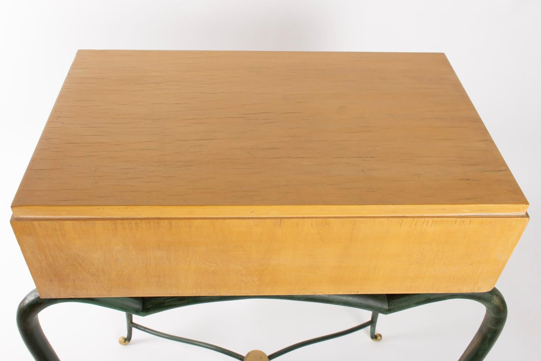 Console 1940 René Prou in Sycamore and Patinated Wrought Iron, Parchment Drawer 2