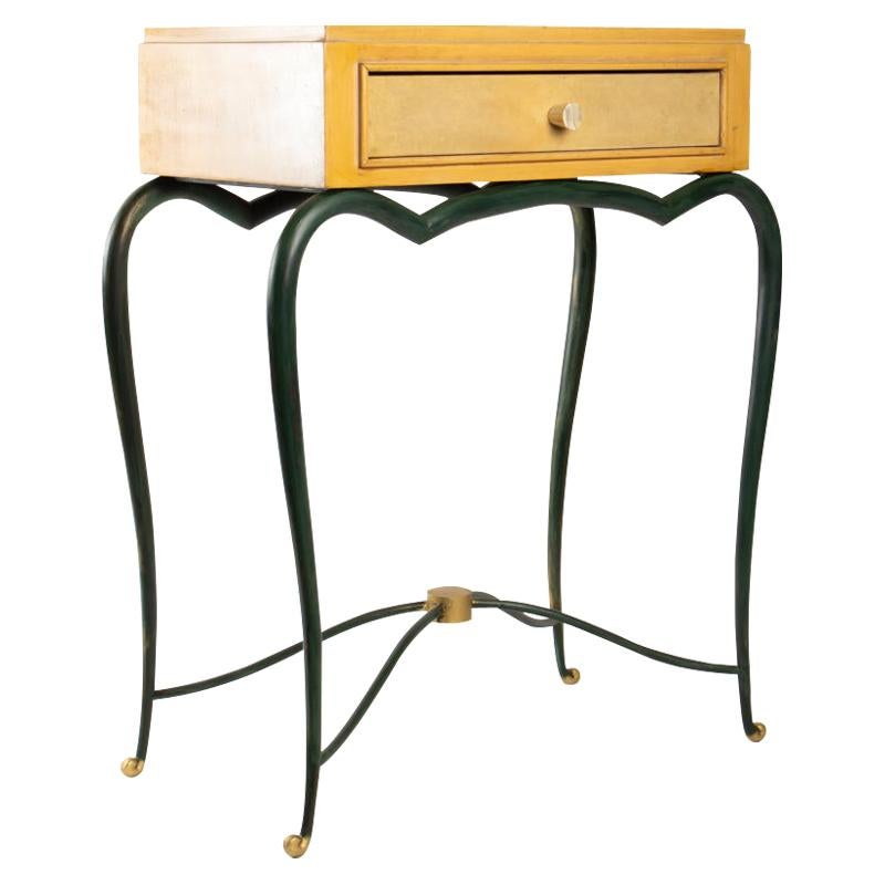 Console 1940 René Prou in Sycamore and Patinated Wrought Iron, Parchment Drawer