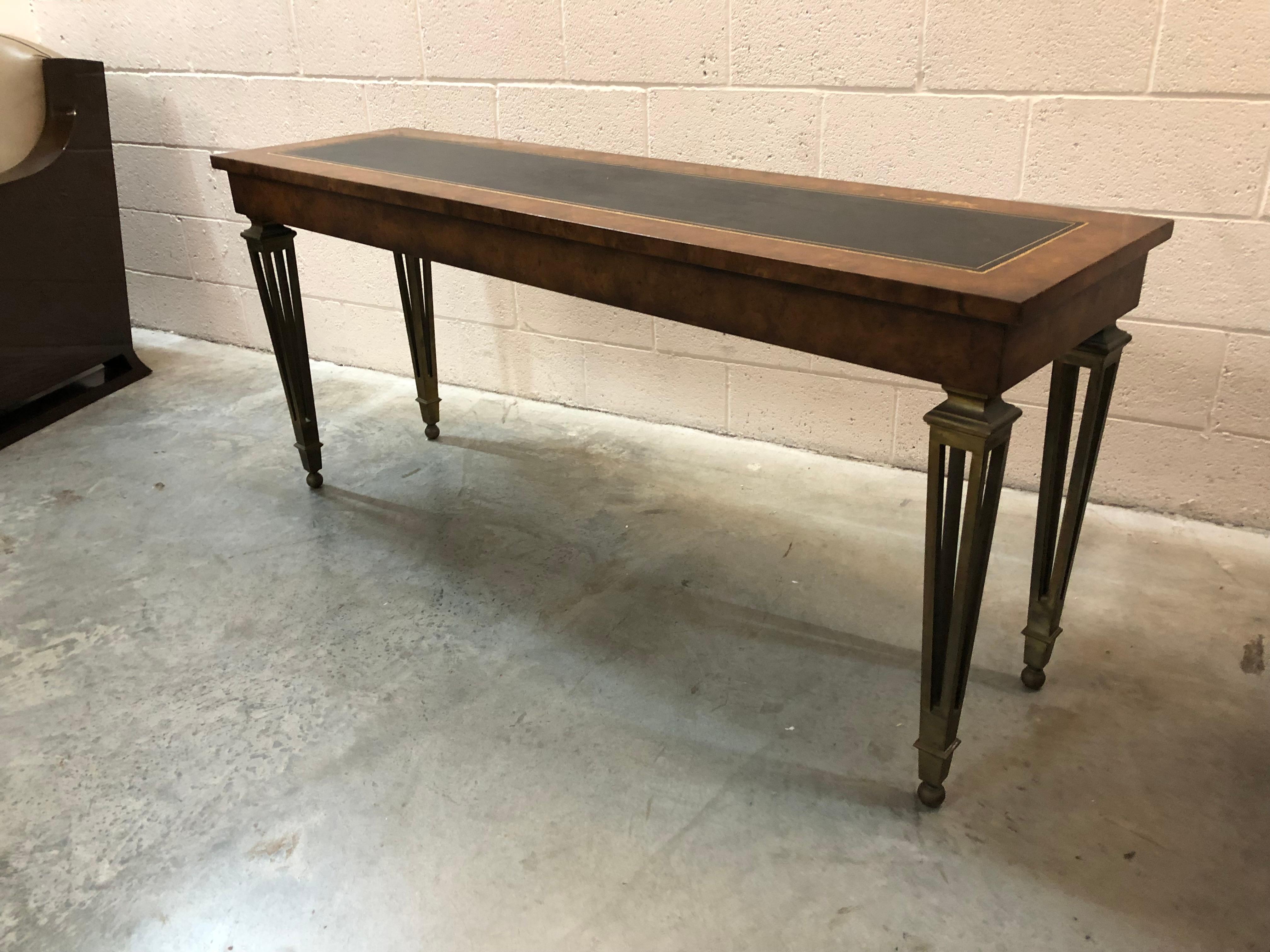 Wood Console 1950, French, Materials:  letather, wood and bronze For Sale