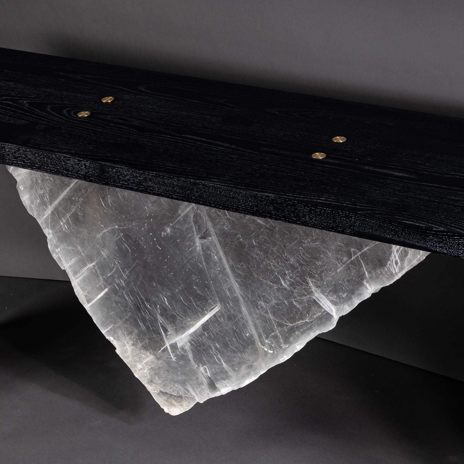 Console, American Solid Ash Inked Wood with Selenite Slab For Sale 2