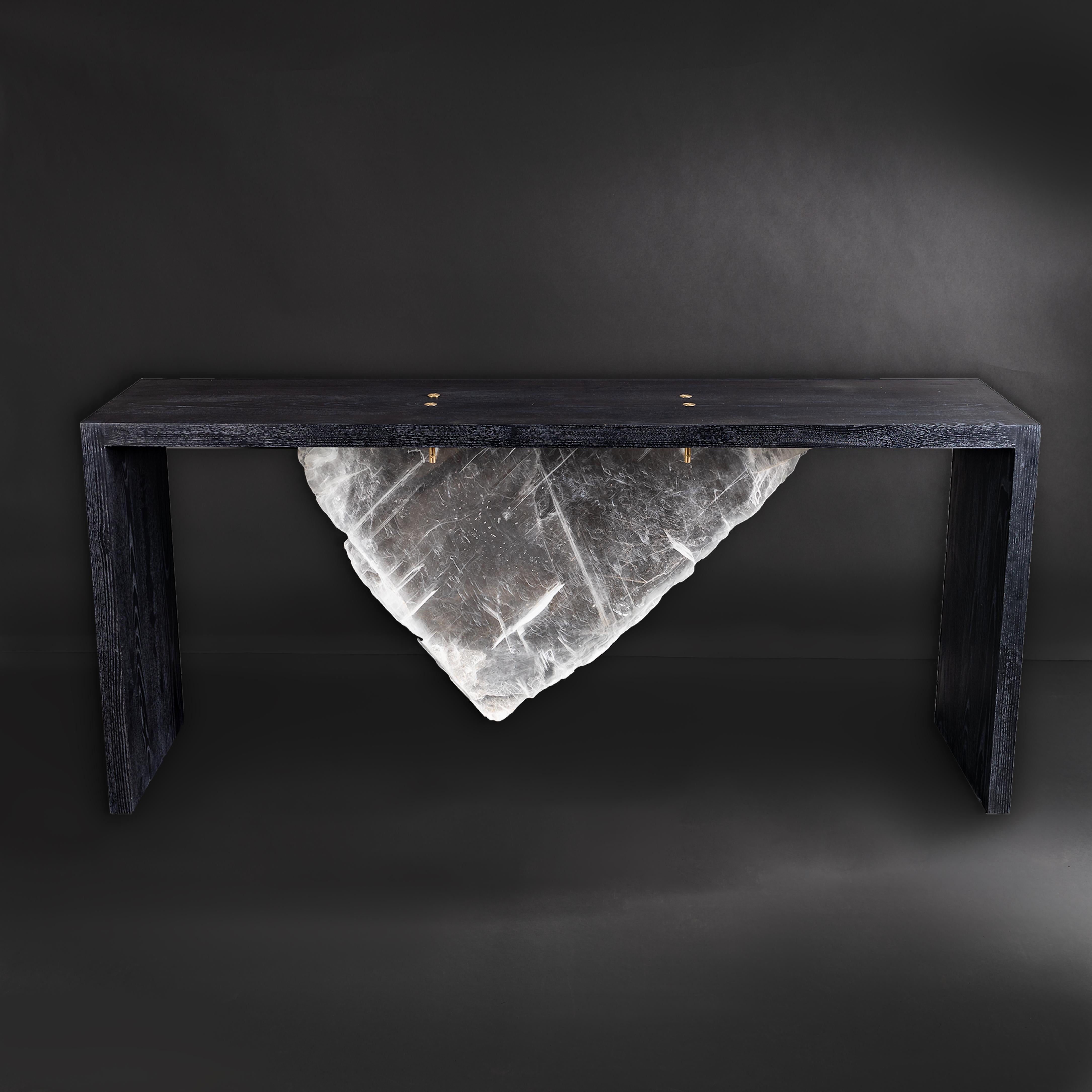 Original design, console of American solid ash inked wood with a natural clear selenite slab.