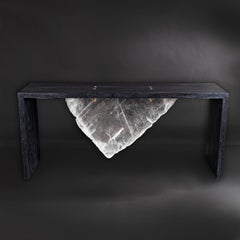 Console, American Solid Ash Inked Wood with Selenite Slab