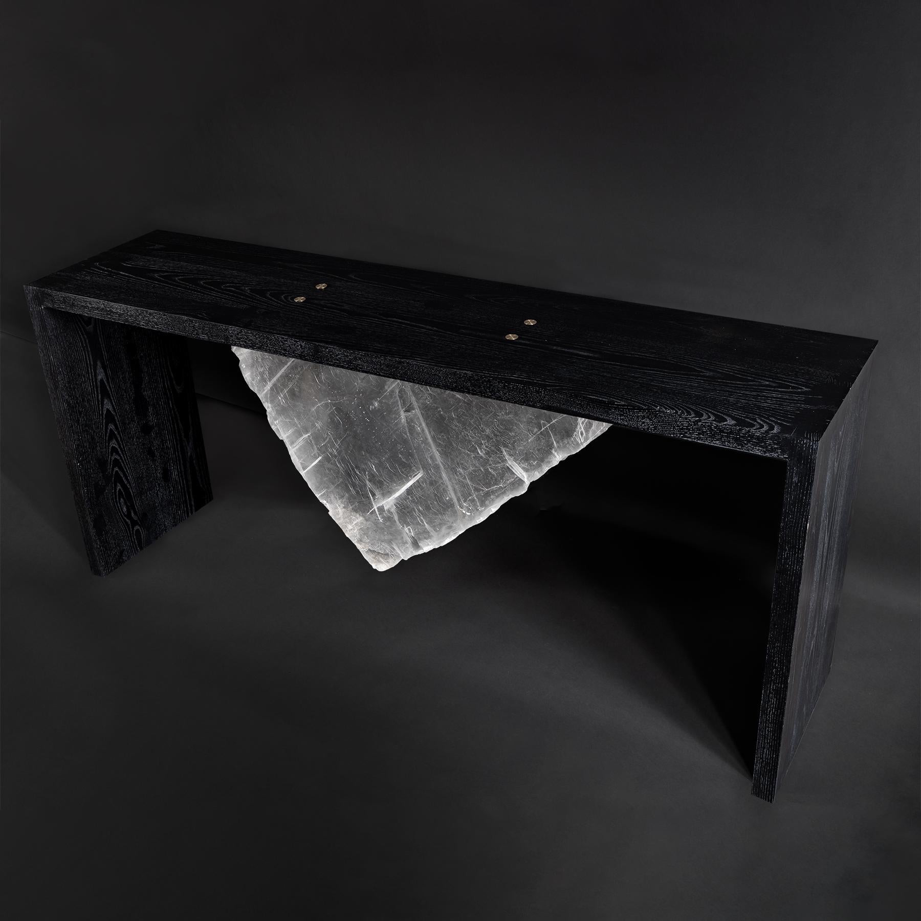 Organic Modern Console, American Solid Ash Inked Wood with Selenite Slab For Sale